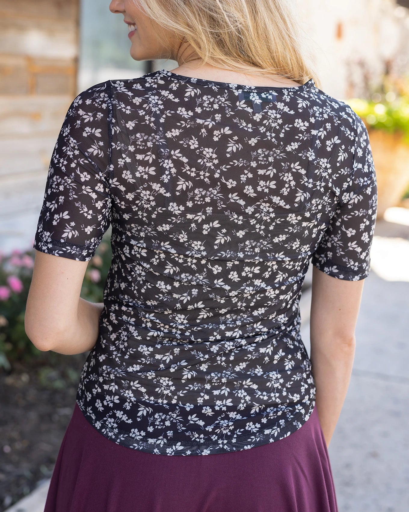 Back view sheer mesh top in black