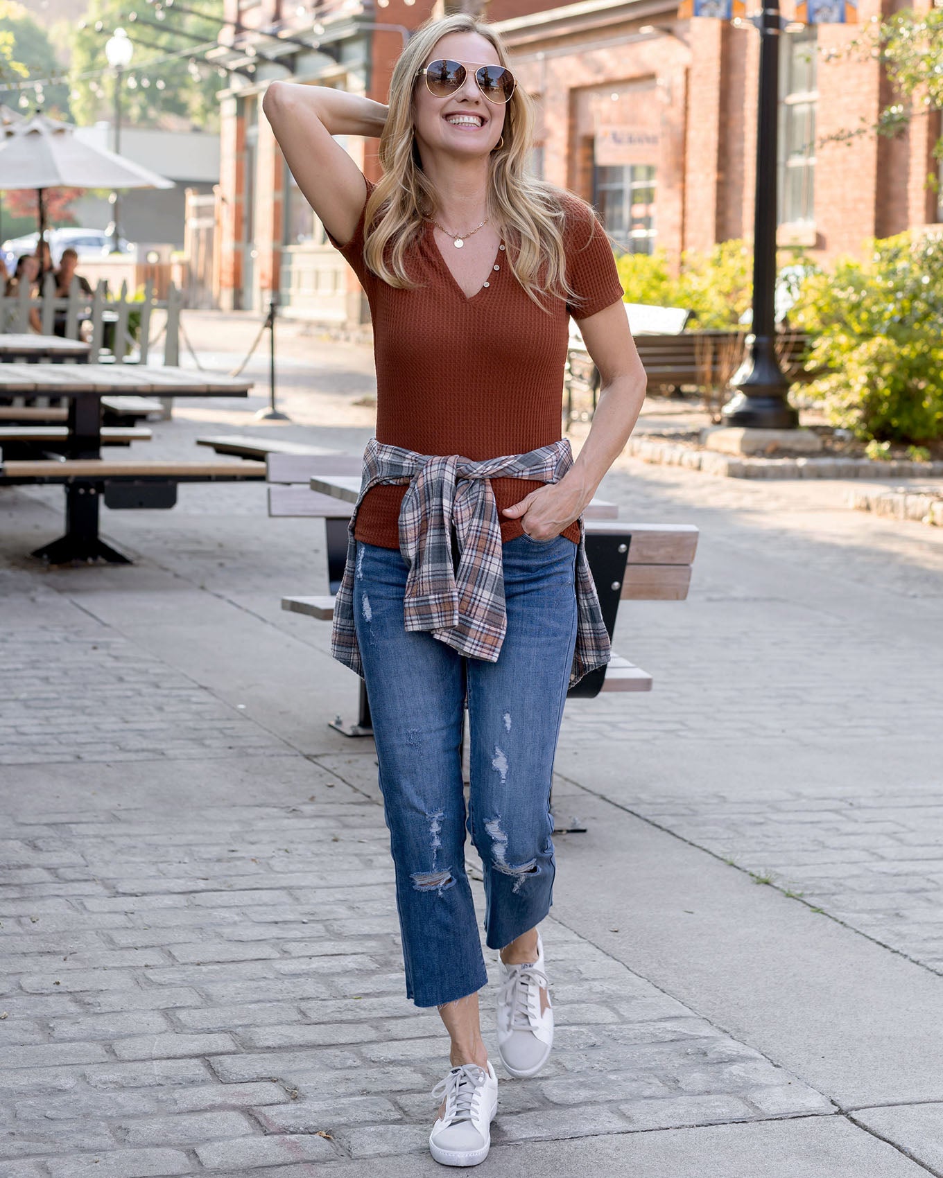 full body styled view of waffle tee in ember