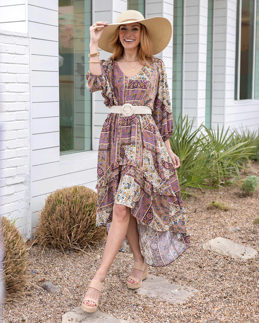 Front view of Arabelle Hi-Low Patchwork Floral Dress