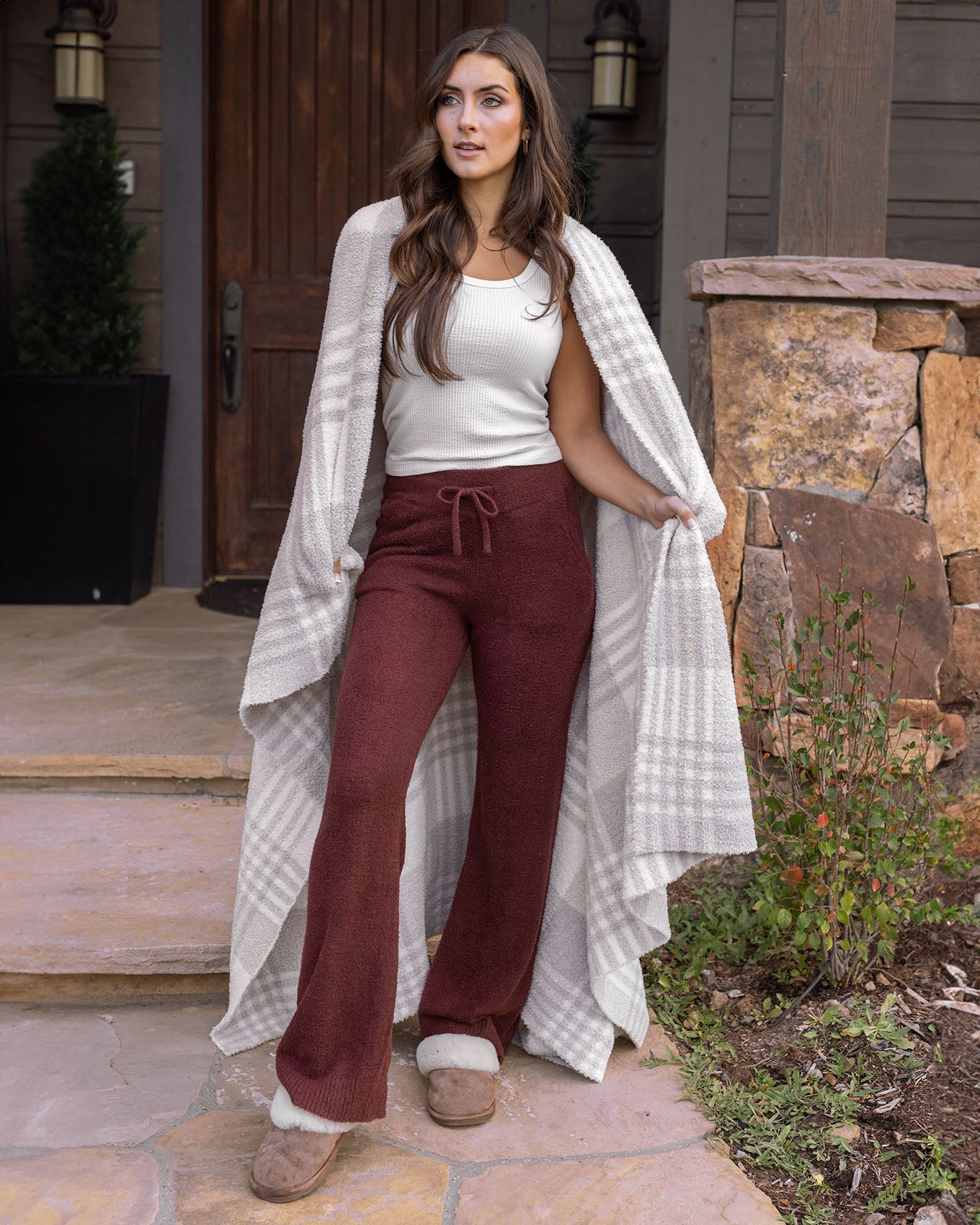 full body view of red wide leg lounge pants