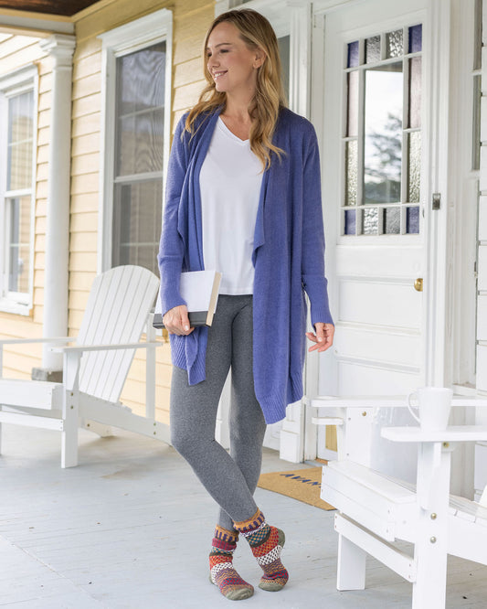 Periwinkle Bambü Wrap Robe front view of periwinkle bambu wrap up