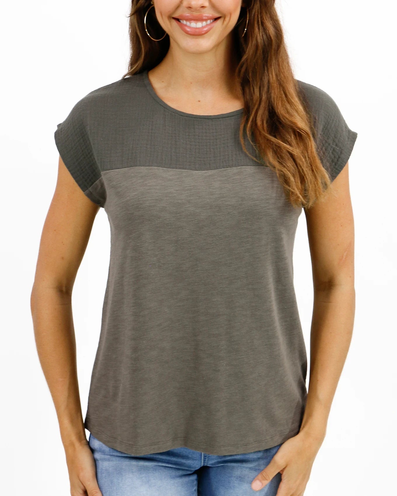 Basic tee in olive front view