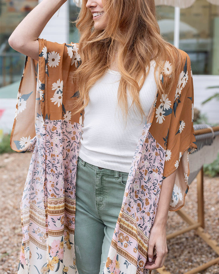 Front view of Floral Boho Duster Kimono
