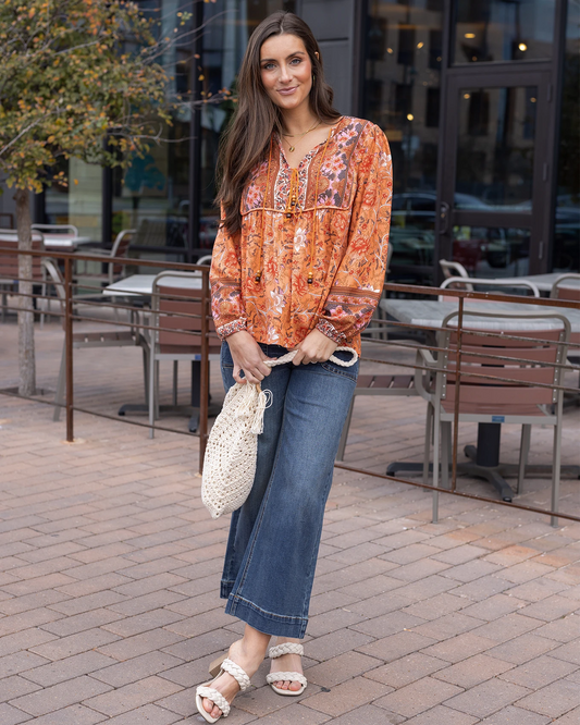 Boho Peasant Top in Apricot Floral Peasant top