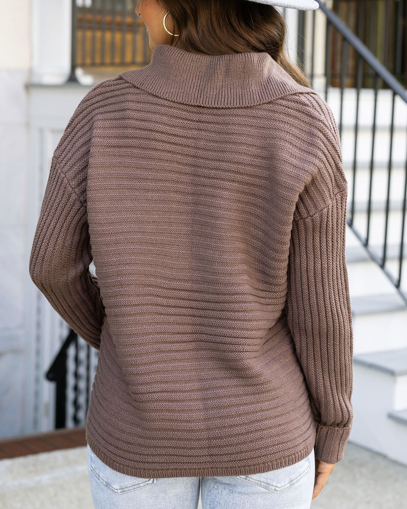 back view of cinder collard sweater