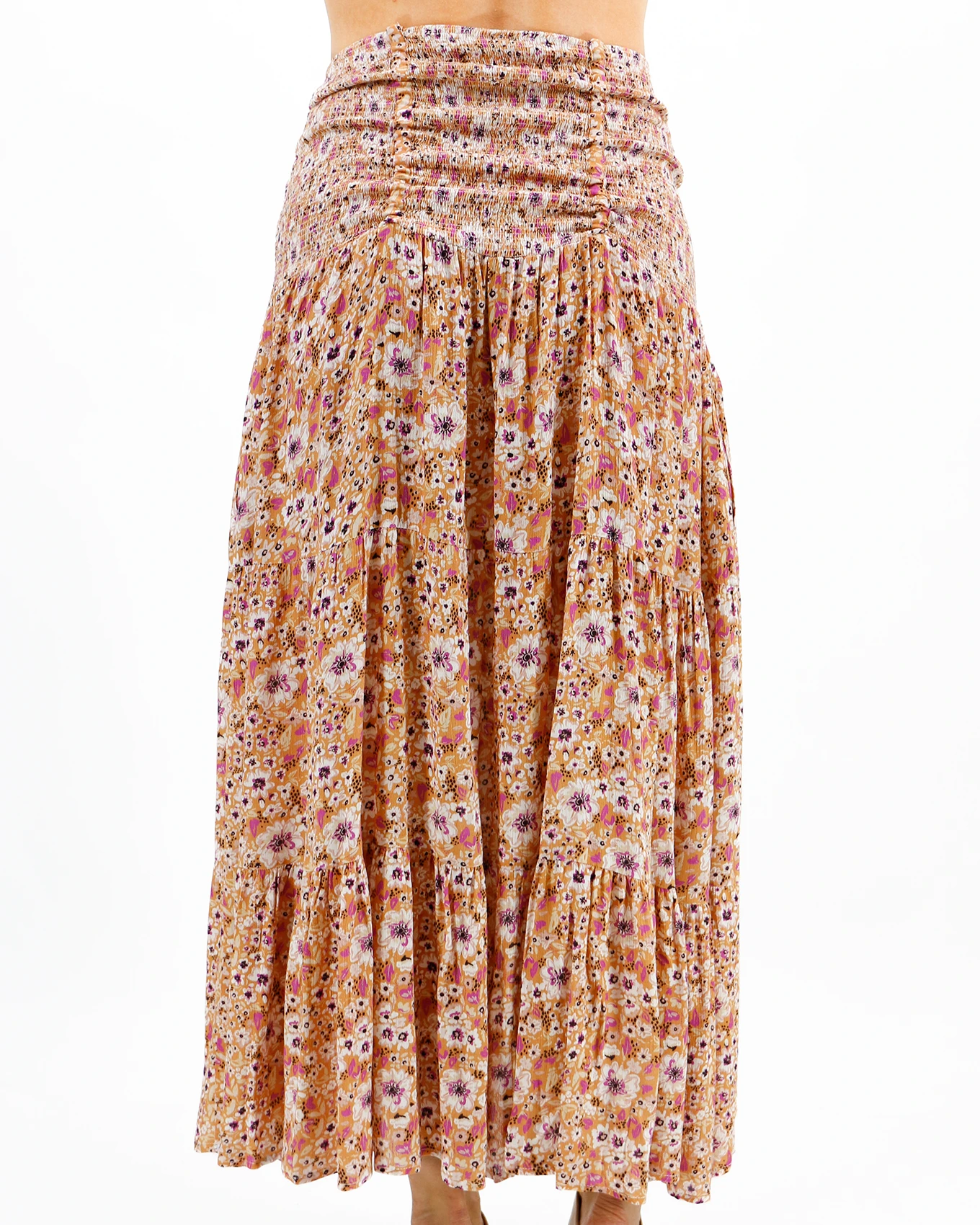 Back view golden floral maxi skirt