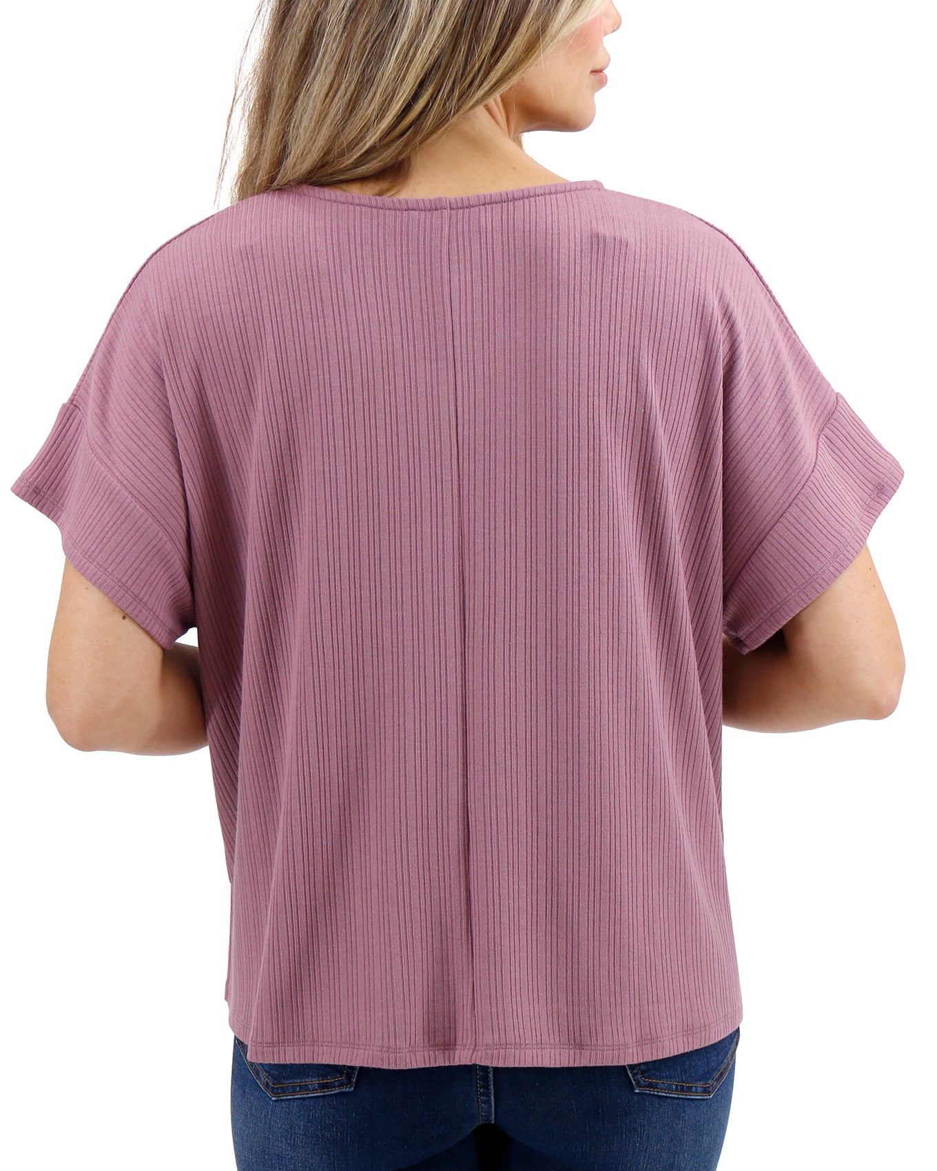 Back stock shot of Dark Lilac Coziest Dolman Lounge Top