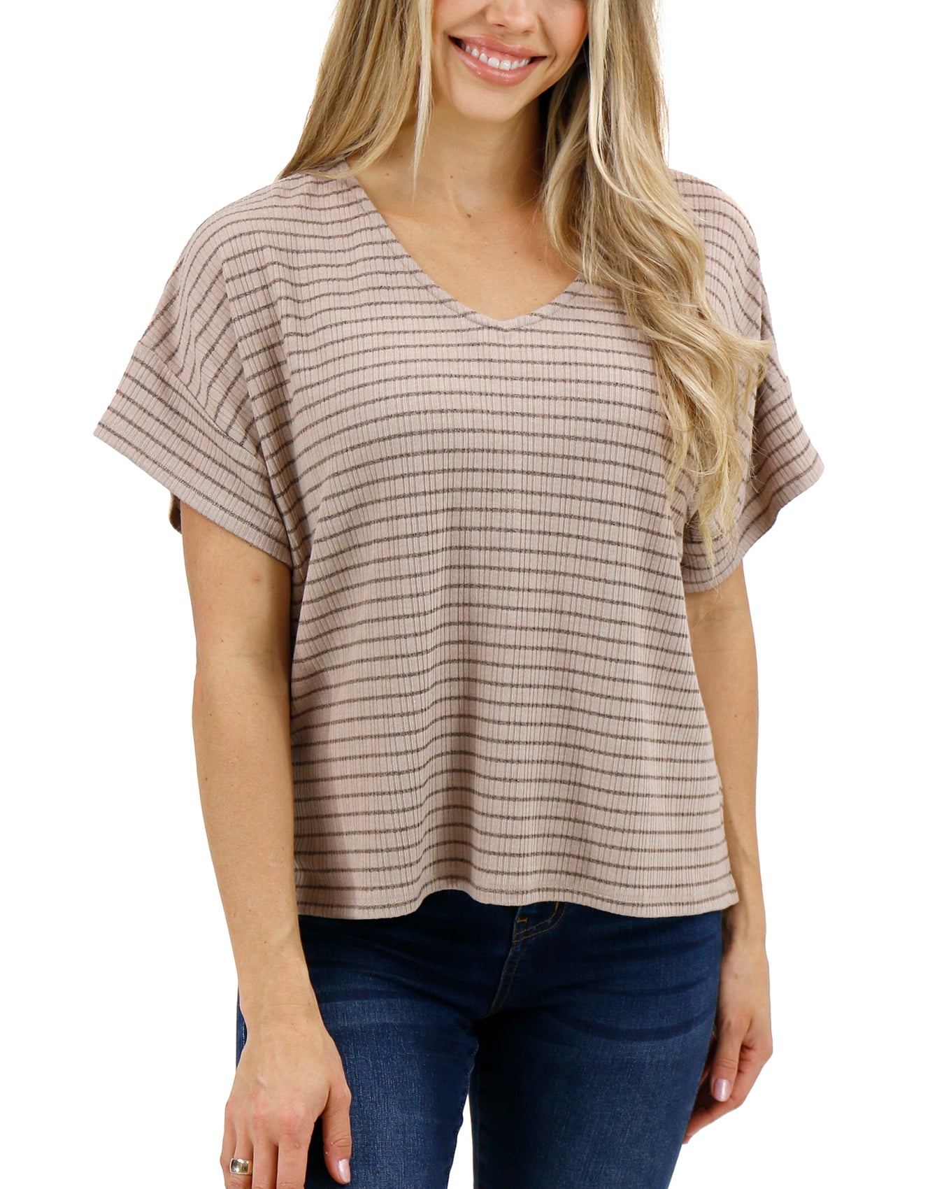 Front stock shot of Tan/Black Stripe Coziest Dolman Lounge Top