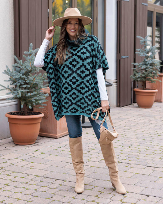 Front view of Teal Aztec Cozy Cowl Neck Pullover