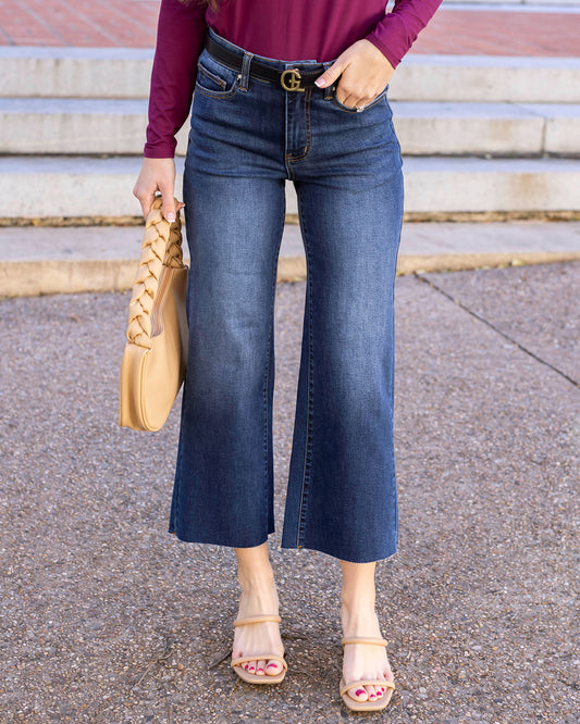 Front view of Medium Dark Wash Cropped Wide Leg Waist Shaper Jeans