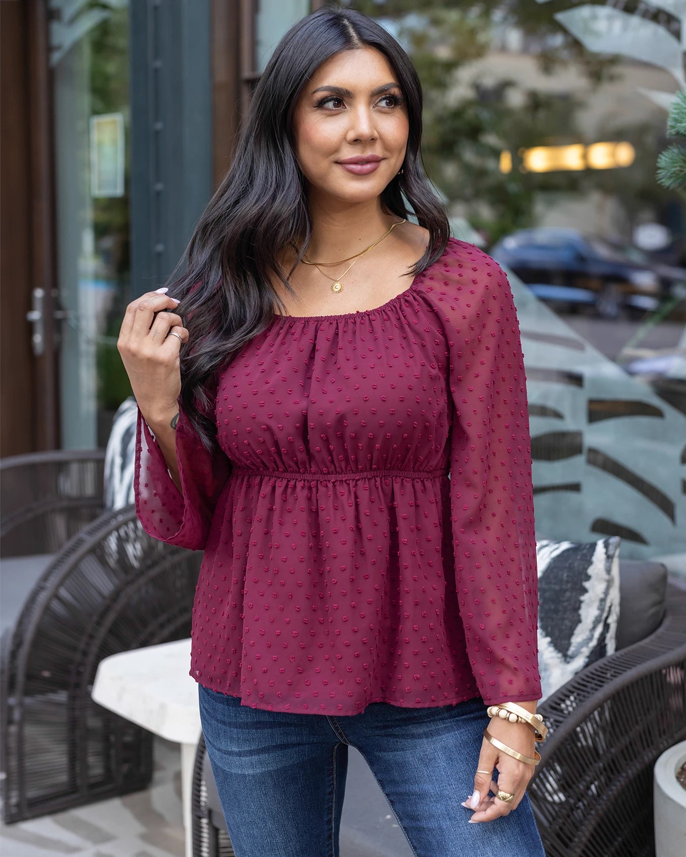 As-Is Dobby Dot Zinfandel Peplum Top - FINAL SALE