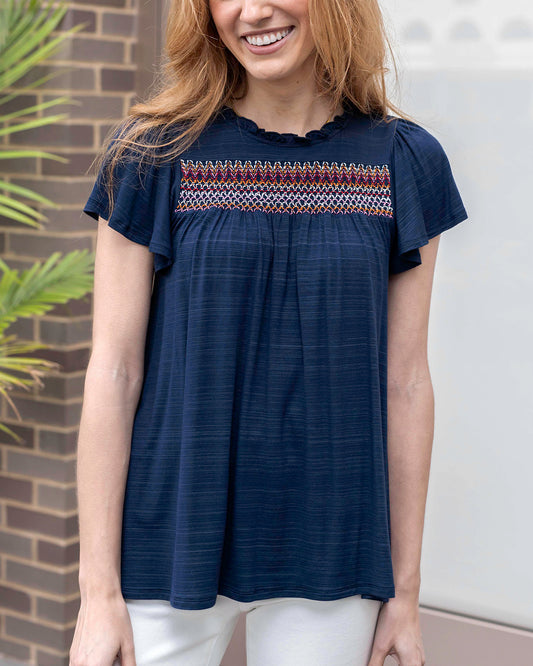 Front view of Navy/Multi Ellis Knit Embroidered Top