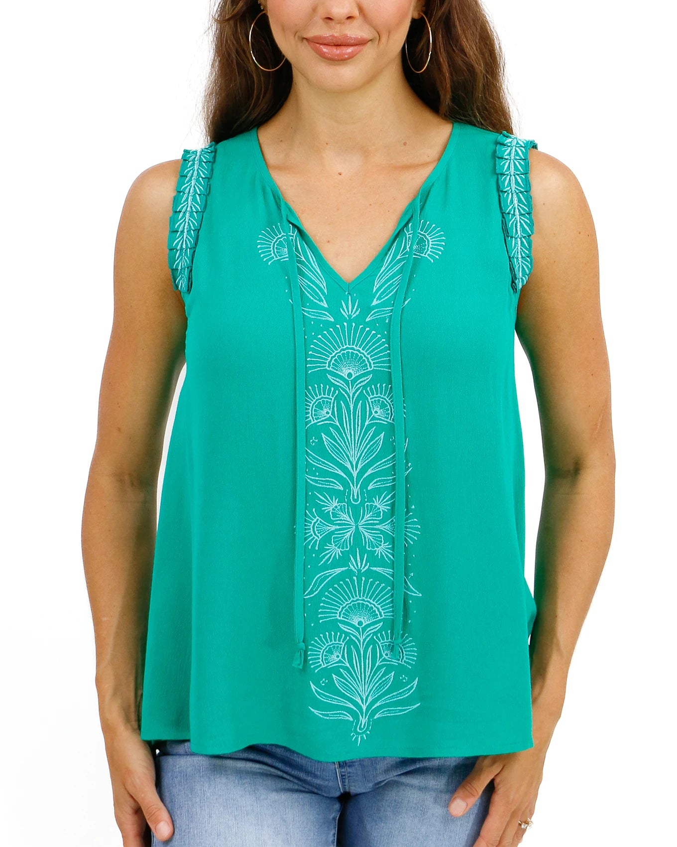 Embroidered Green Gardens Sleeveless Top