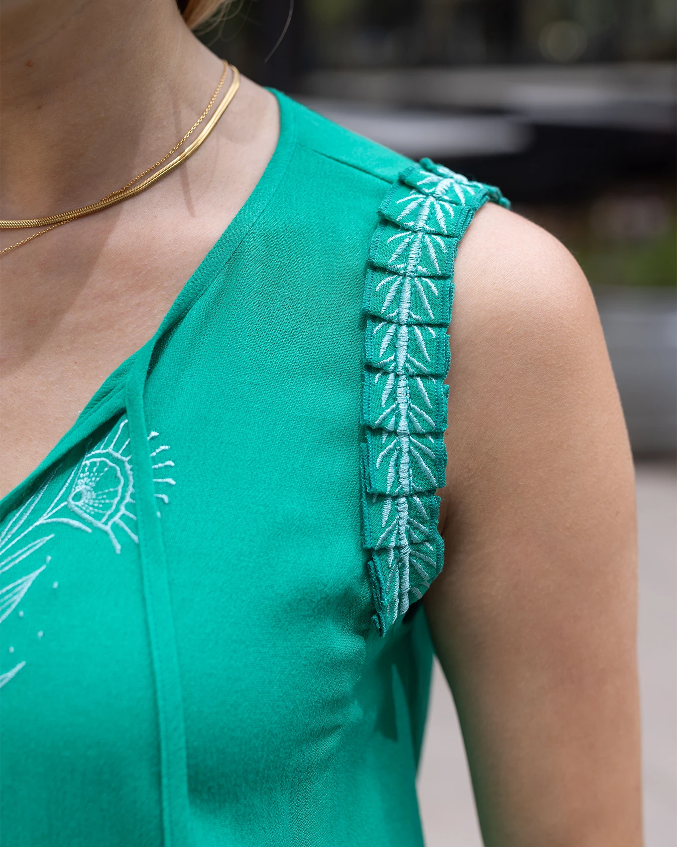Embroidered Green Gardens Sleeveless Top