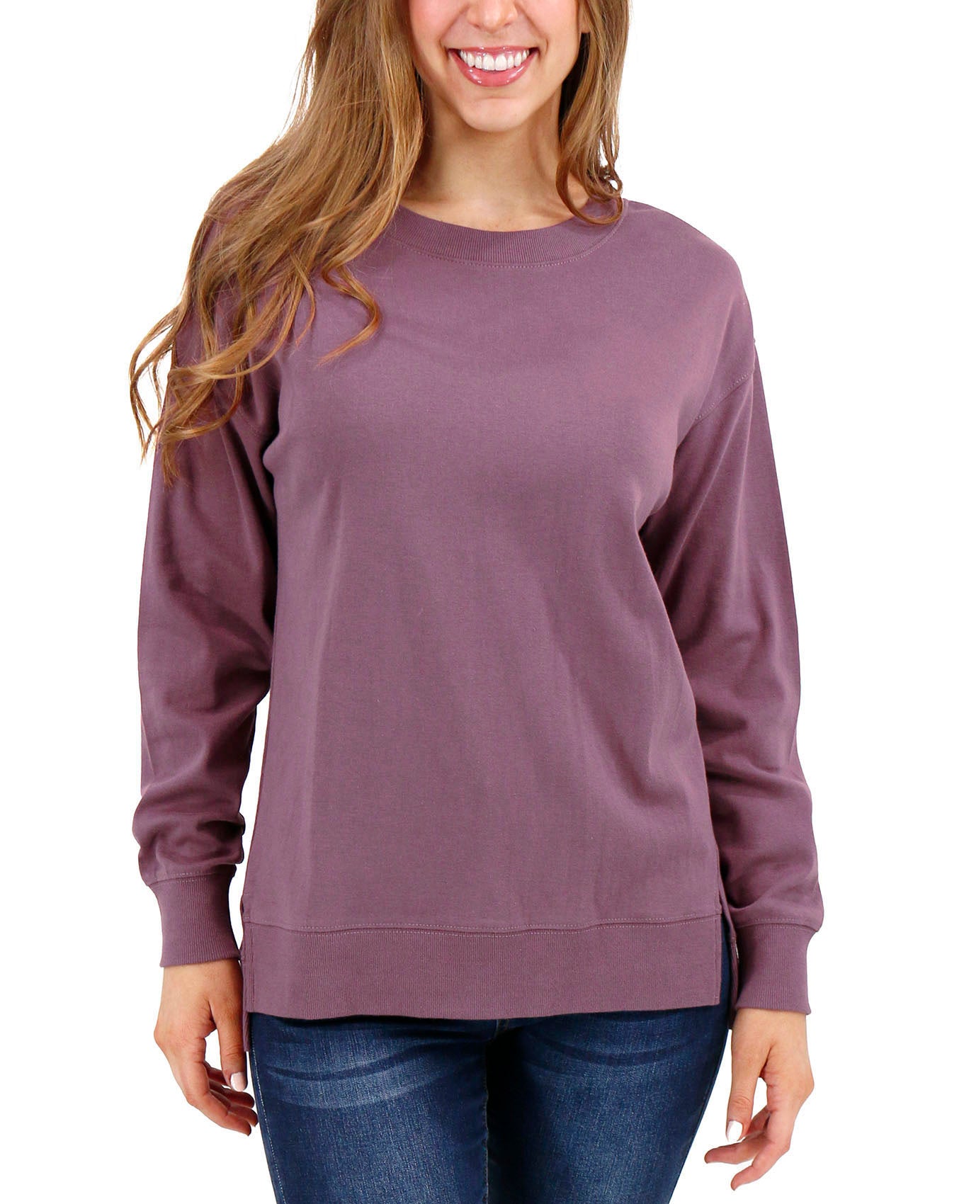 front view stock shot of purple long sleeve tee
