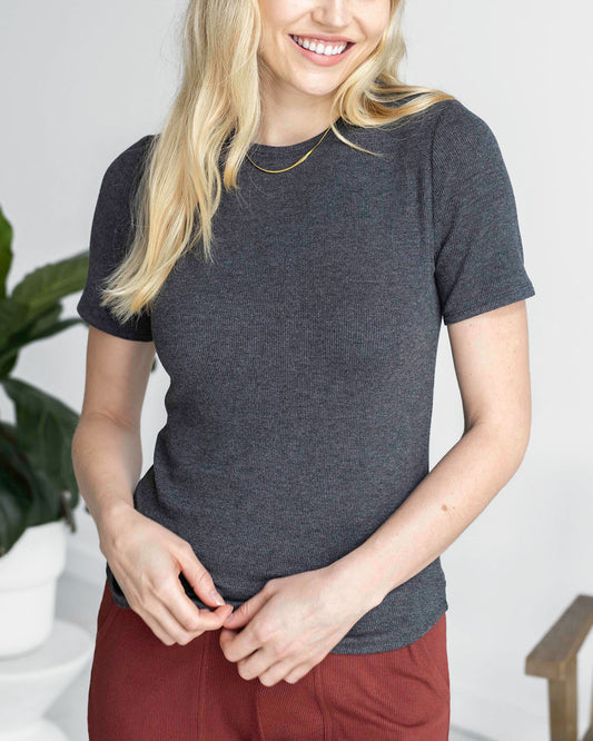 Essential Ribbed Charcoal Short Sleeve Fitted Tee Essential Ribbed Charcoal Short Sleeve Fitted Tee