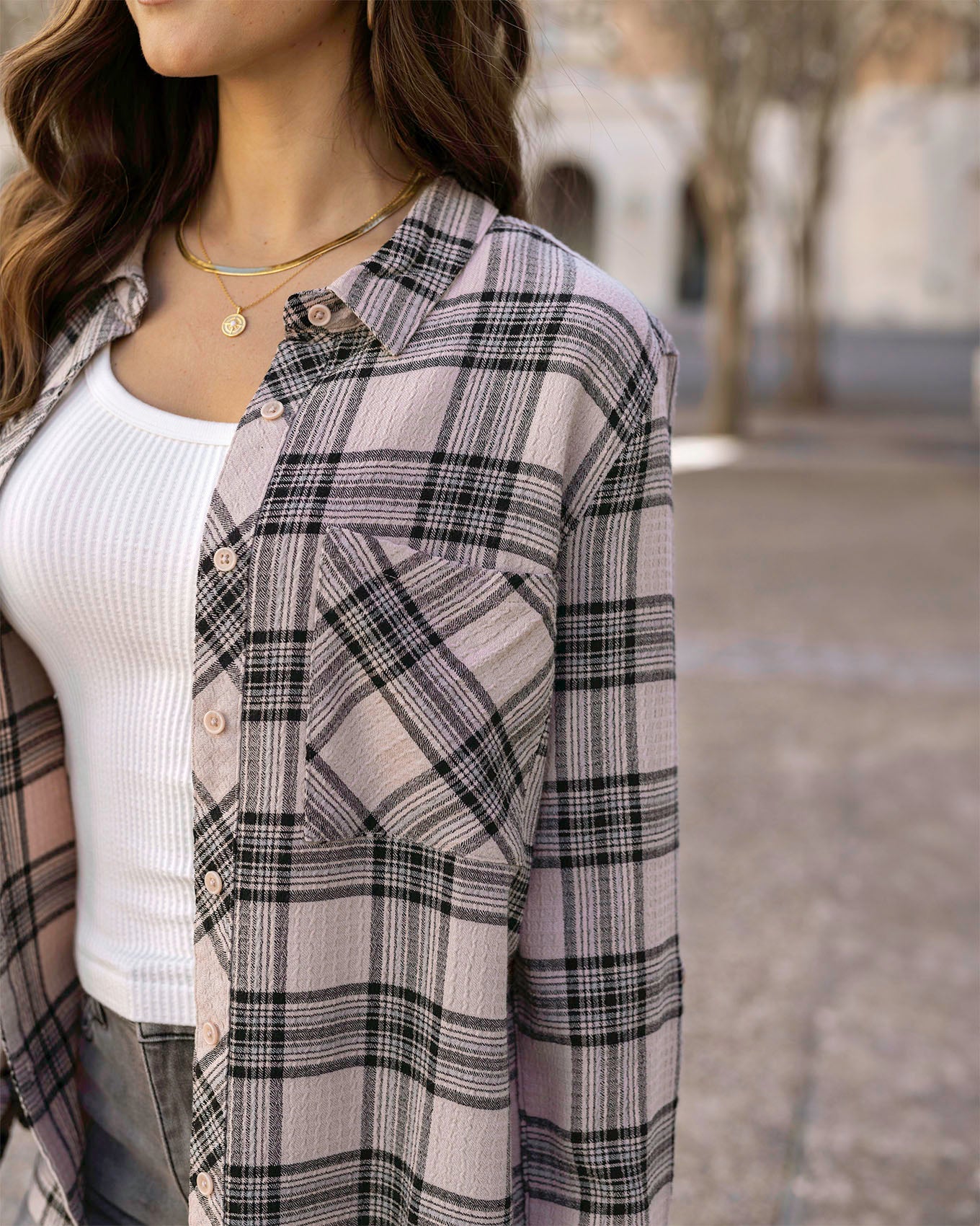 Close up view of Blush/Black Plaid Favorite Button Up Top