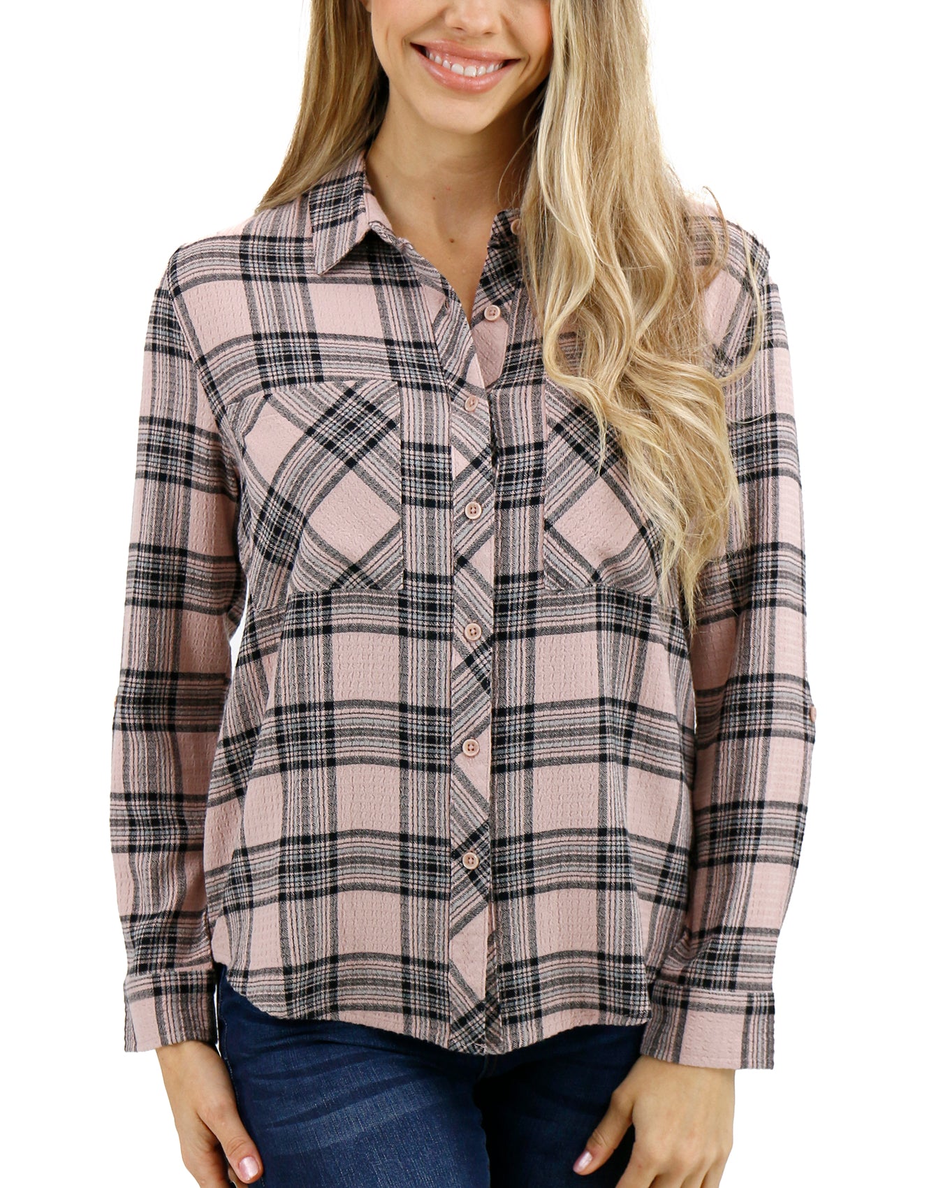 Front stock shot of Blush/Black Plaid Favorite Button Up Top