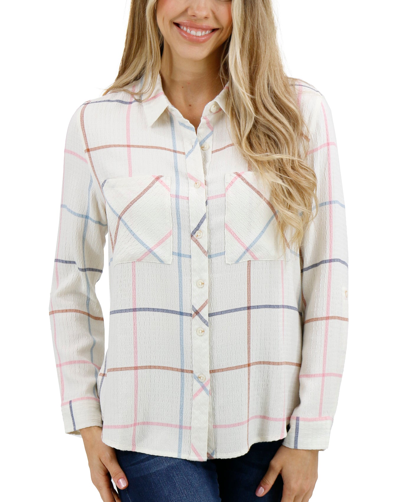 Front stock shot of Multi Windowpane Favorite Button Up Top