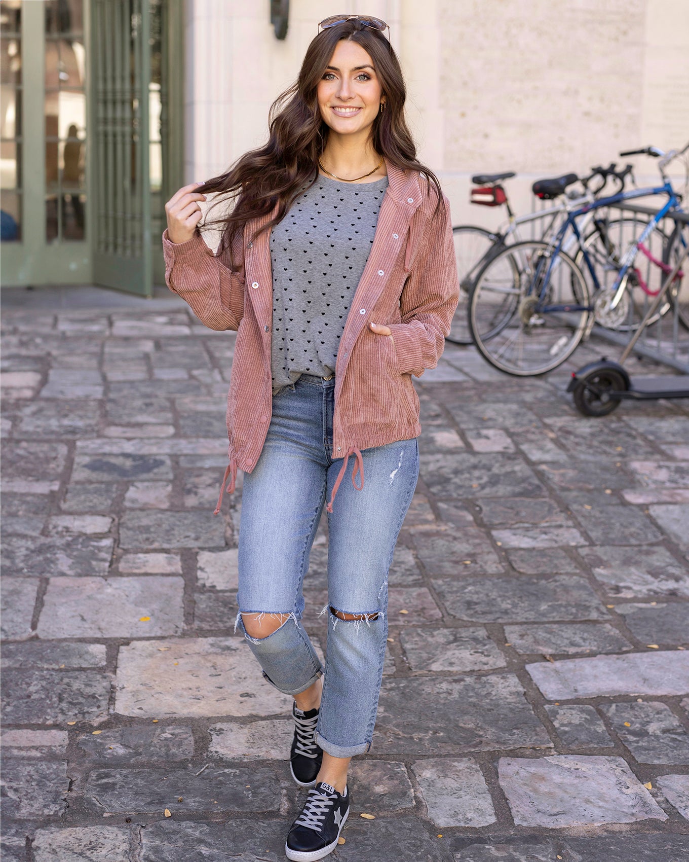 styled view of mini hearts t-shirt