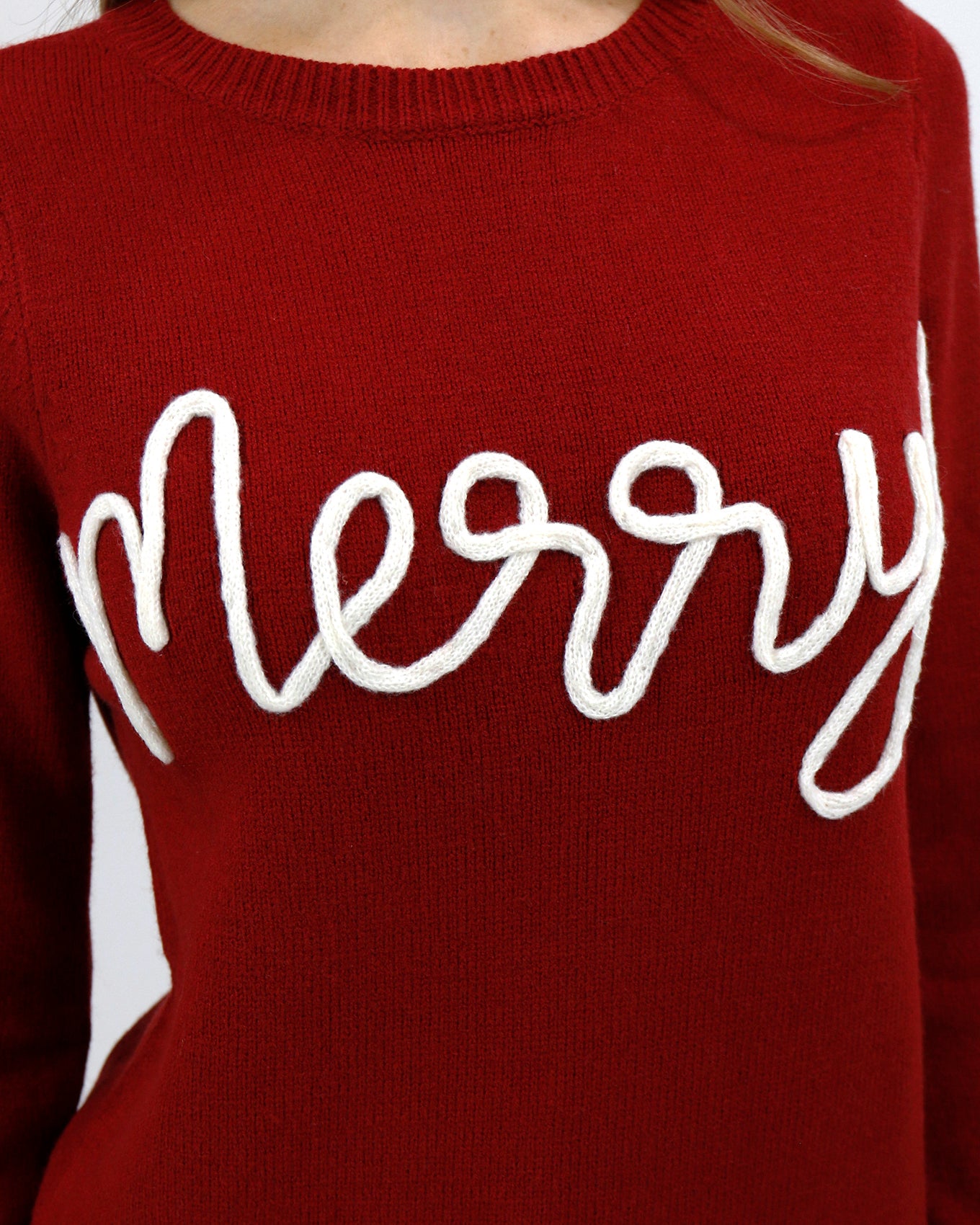 Close up view stock shot of Merry Red Holiday Sweater