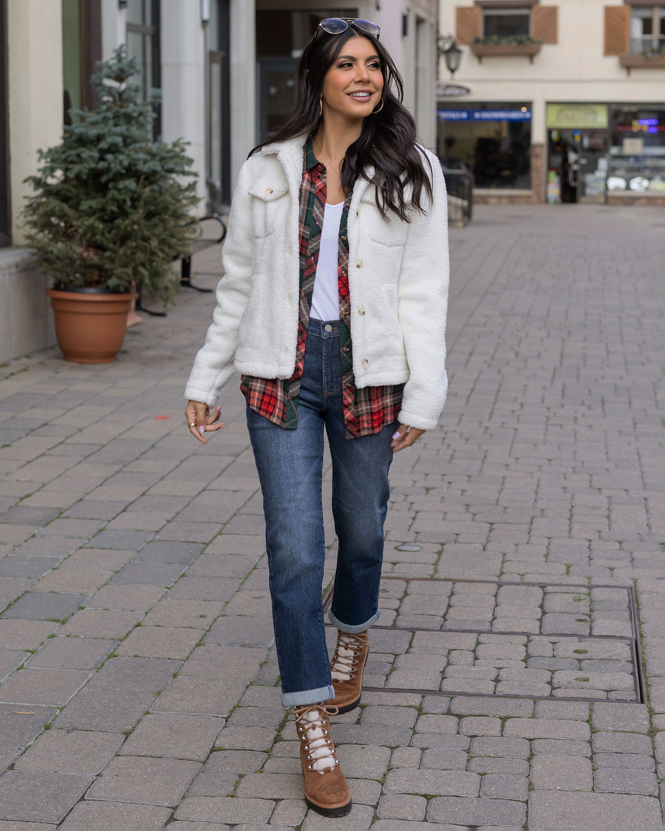 full body styled view of fleece jacket