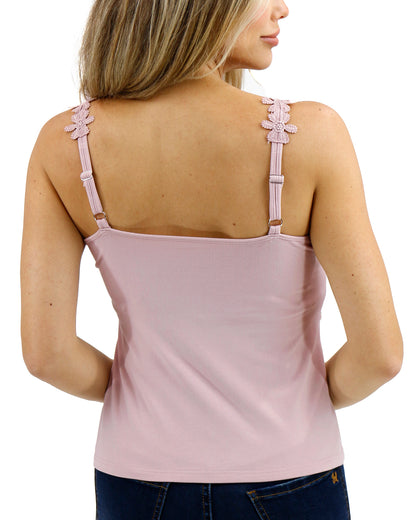Back stock shot of Dusty Pink Floral Lace Tank Top