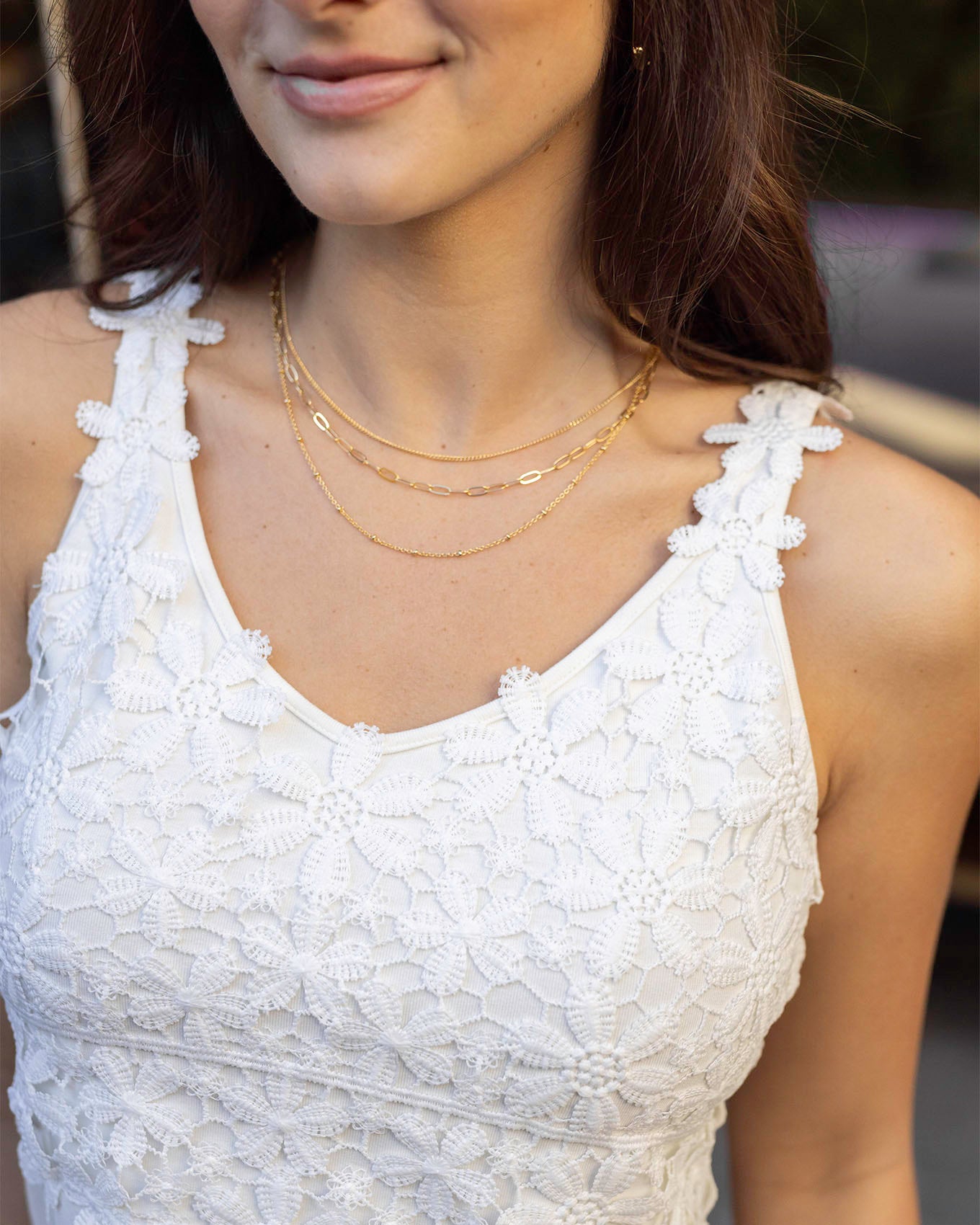 Close-up view of Snow White Floral Lace Tank Top