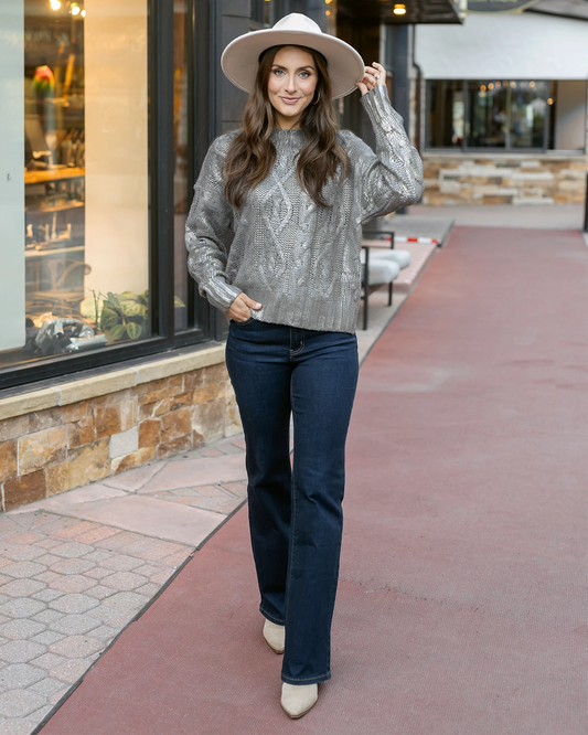 Foiled Cable Knit Champagne Shimmer Sweater Metallic sweater