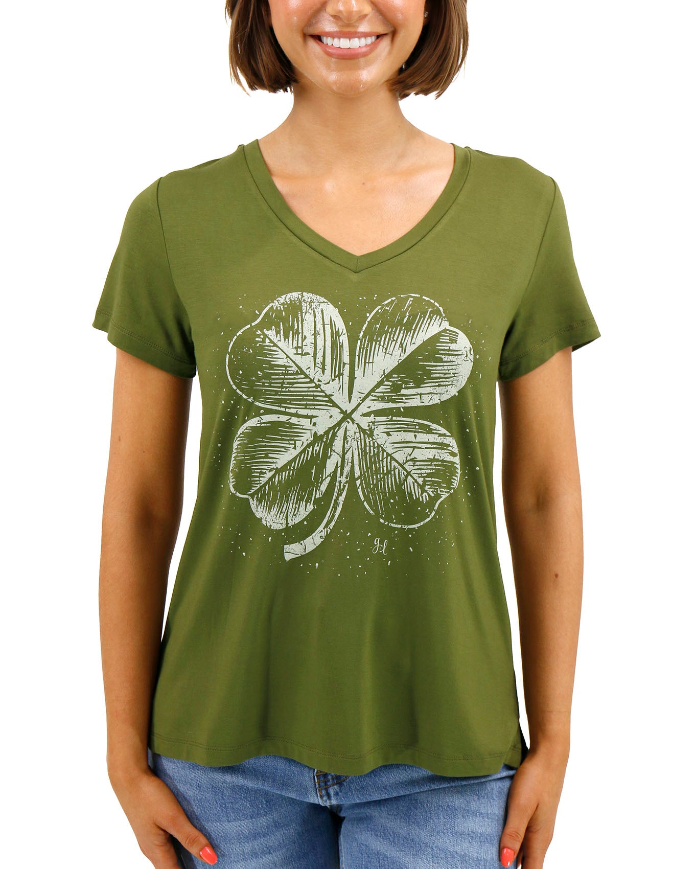 Front Stock Shot of Four Leaf Clover VIP Favorite Perfect V-Neck Graphic Tee