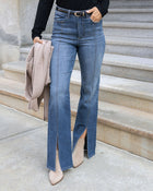 Front Slit Aged Mid-Wash Jeans