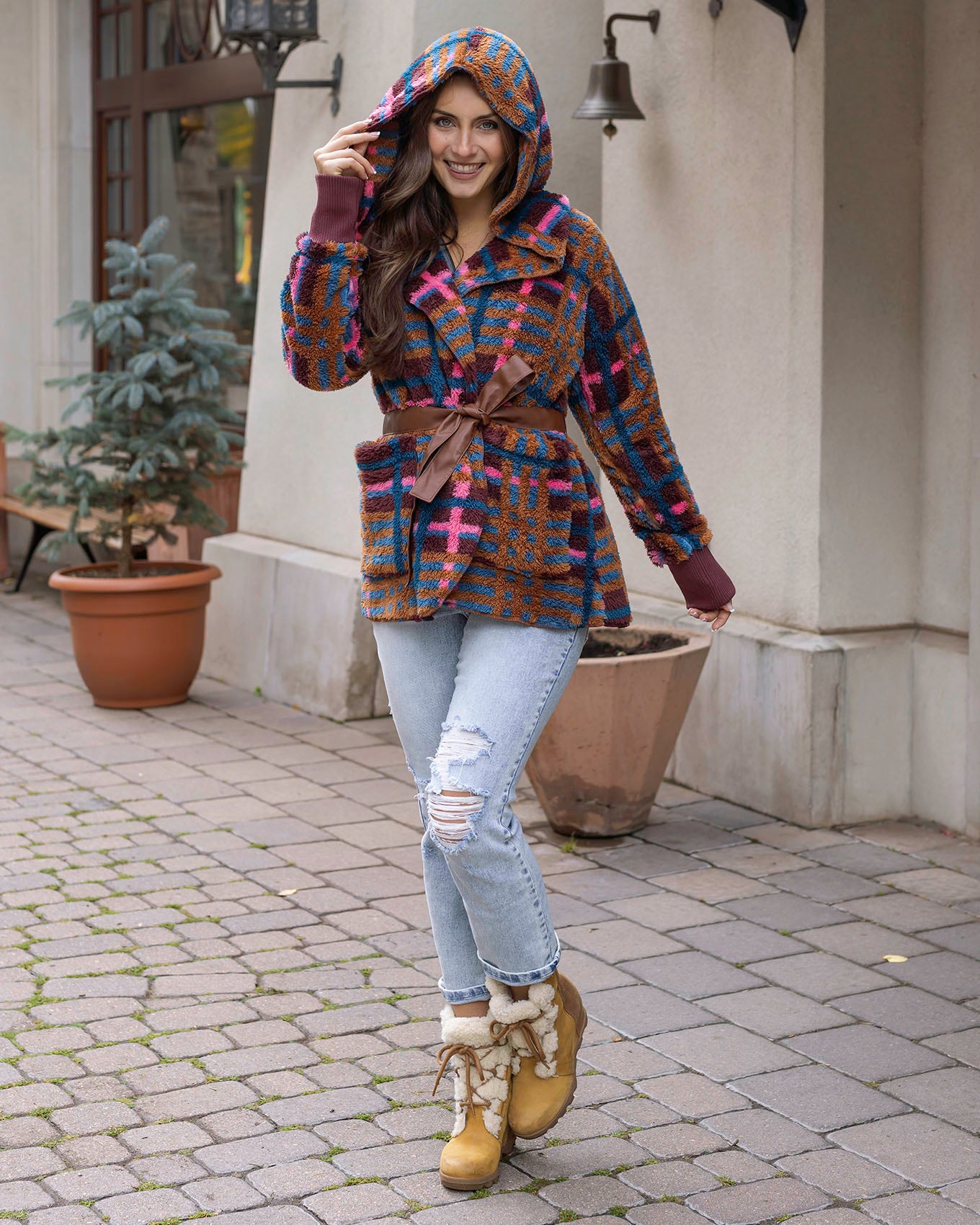 full body styled view of fleece jewel plaid wrap jacket
