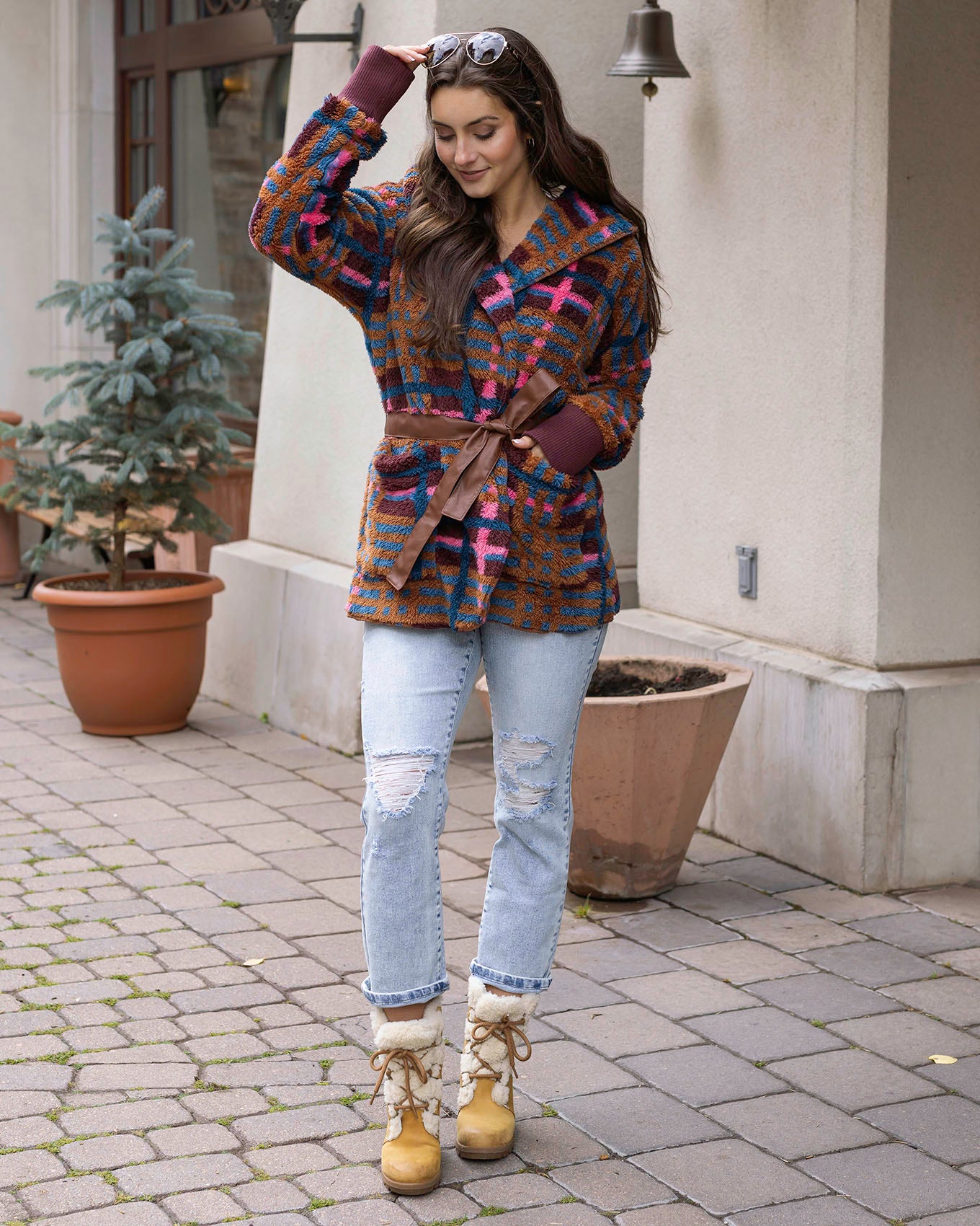 styled view of fleece jewel plaid wrap jacket