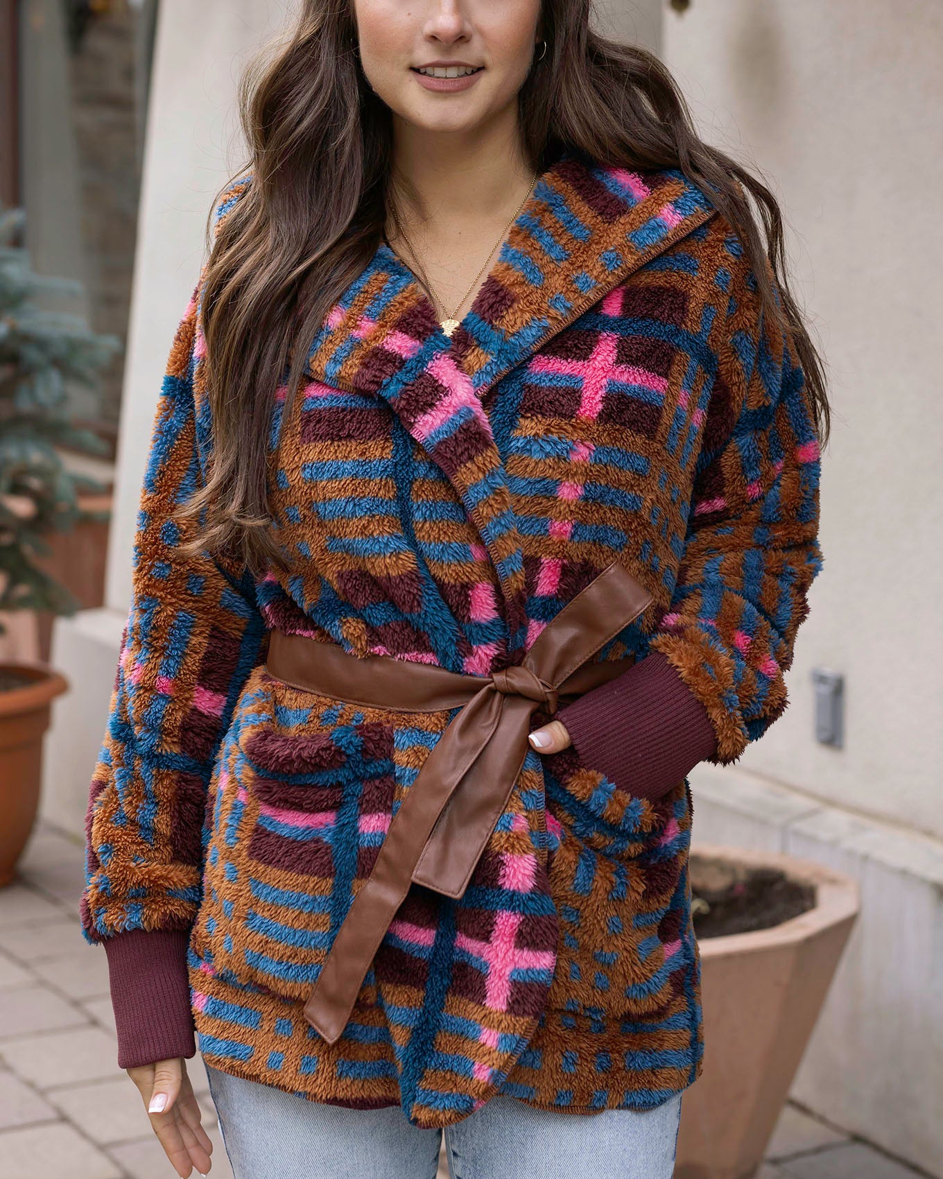 front view of fleece jewel plaid wrap jacket