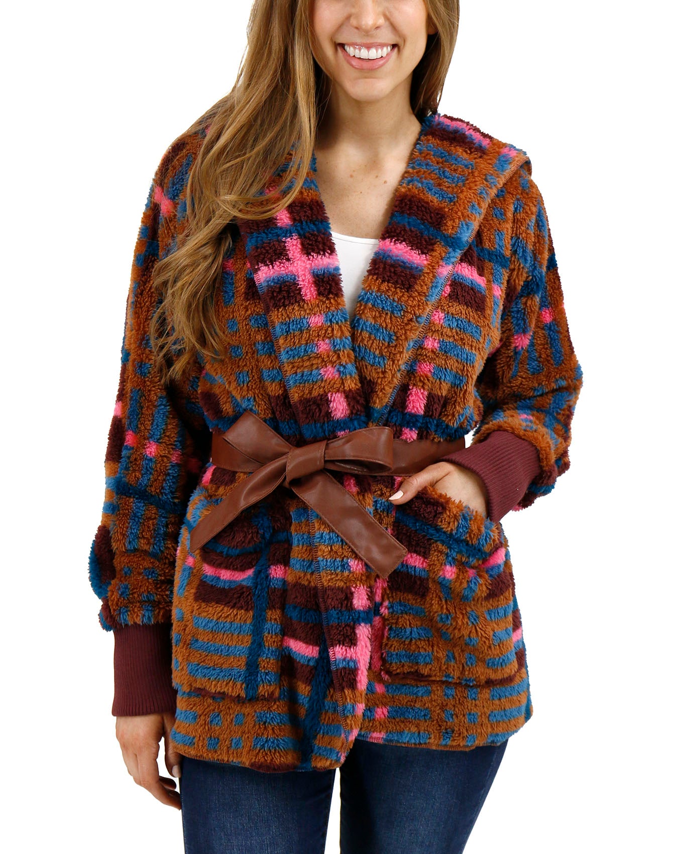 front view stock shot of fleece jewel plaid wrap jacket