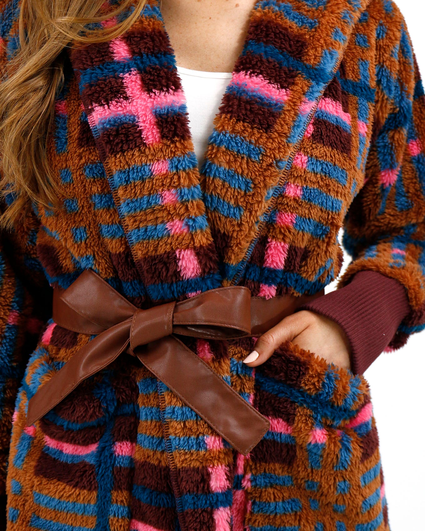 detail view of fleece jewel plaid wrap jacket