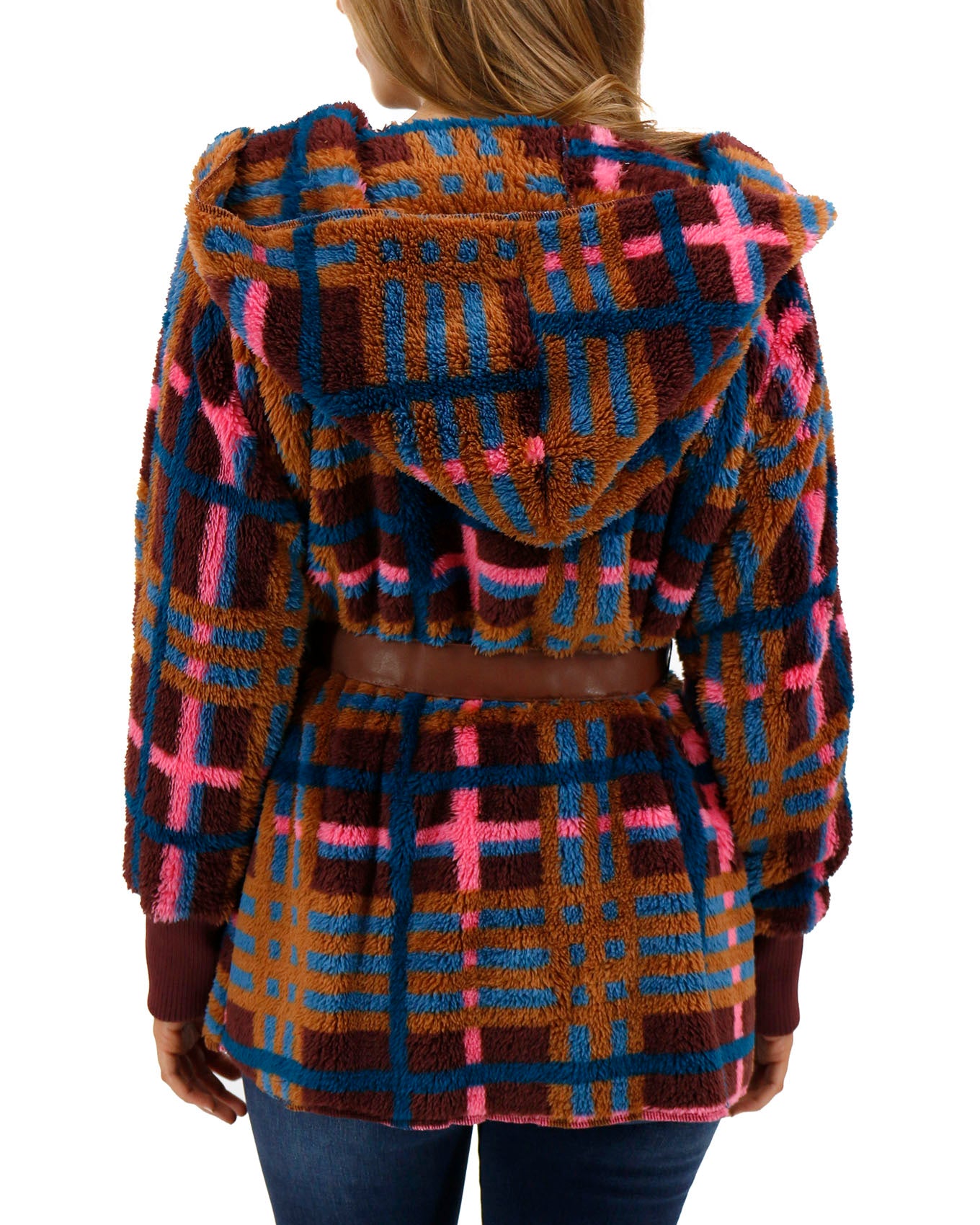 back view of fleece jewel plaid wrap jacket