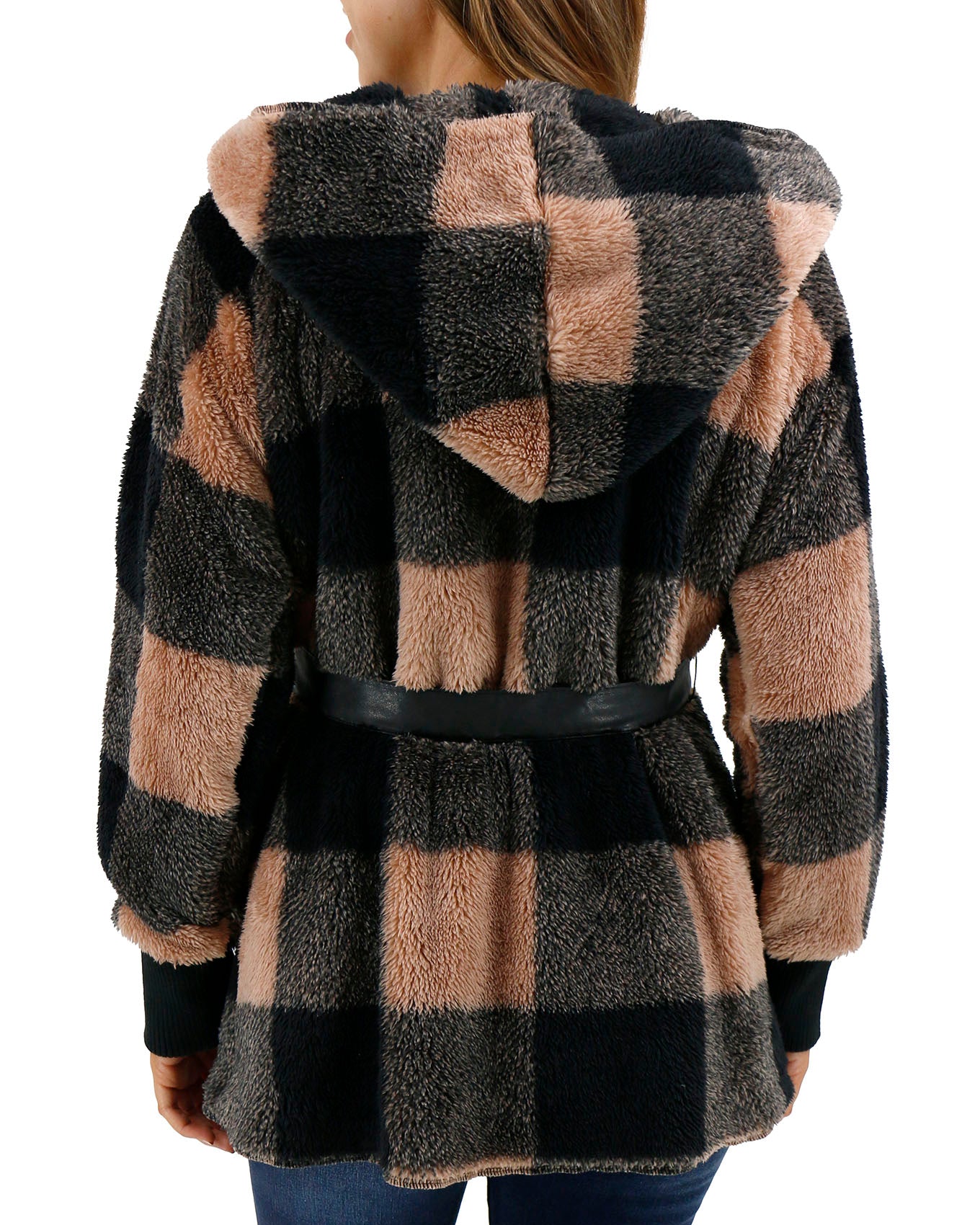 back view of fleece buffalo plaid wrap jacket