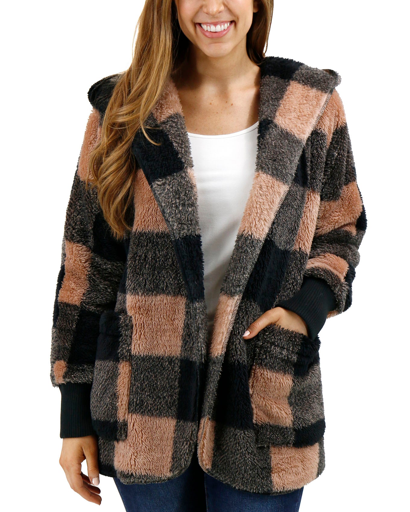 untied view of fleece buffalo plaid wrap jacket