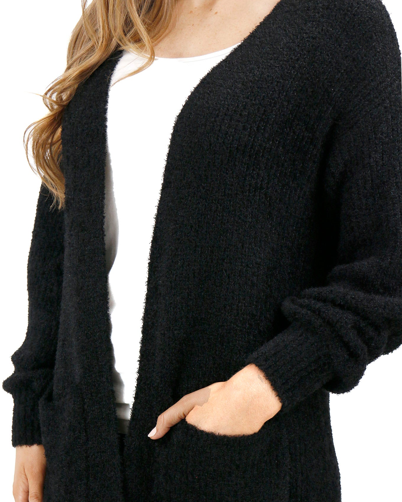 Close up stock shot of Black Knit Fuzzy Cardigan