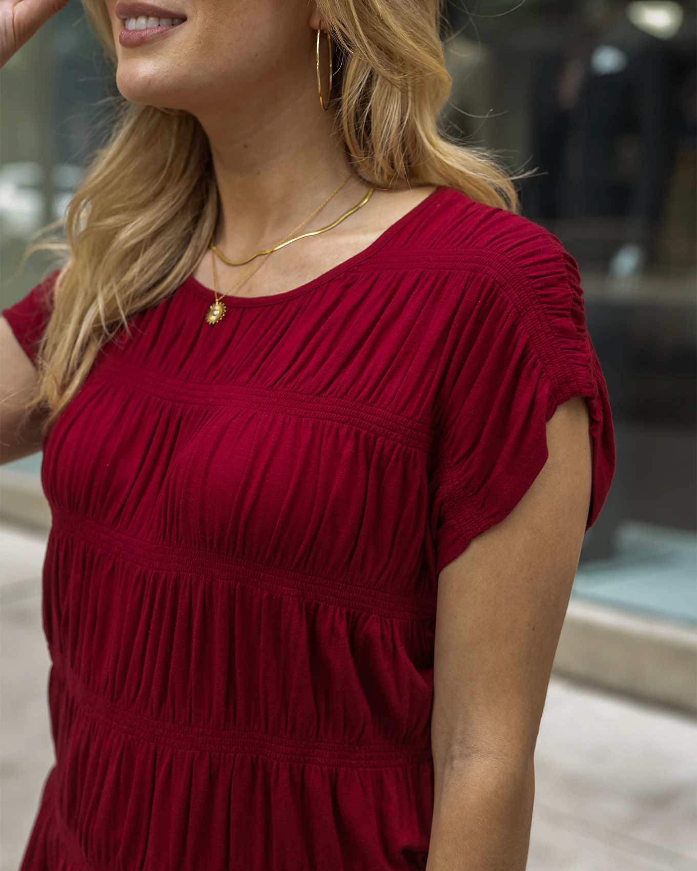 Detail smocked top in red