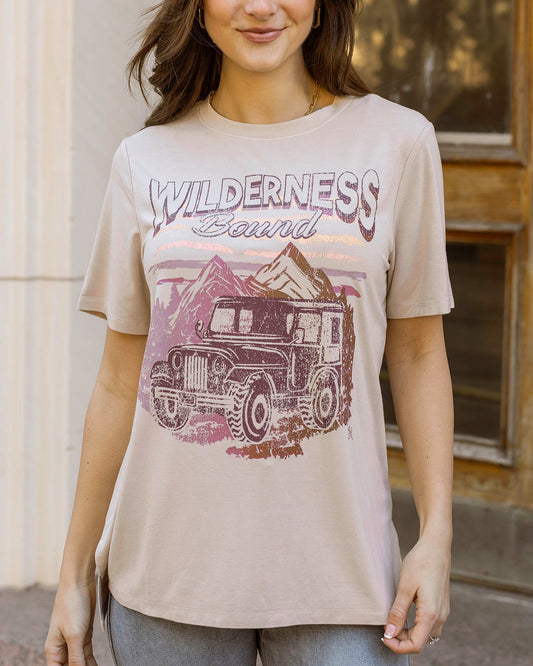 Front view of Wilderness Bound Side Slit Girlfriend Fit Graphic Tee Front view of Wilderness Bound Side Slit Girlfriend Fit Graphic Tee