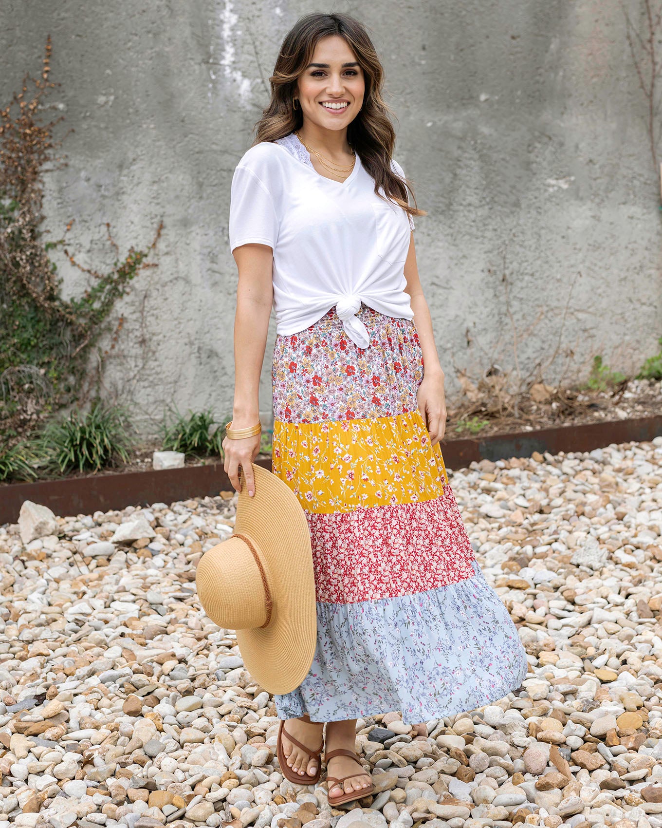 Full styled view of Floral Patchwork Go-To Tiered Skirt