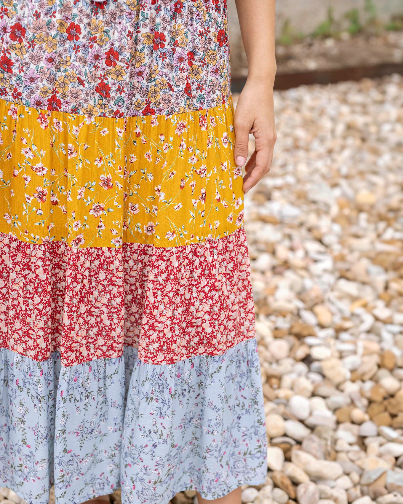 Close up view of Floral Patchwork Go-To Tiered Skirt