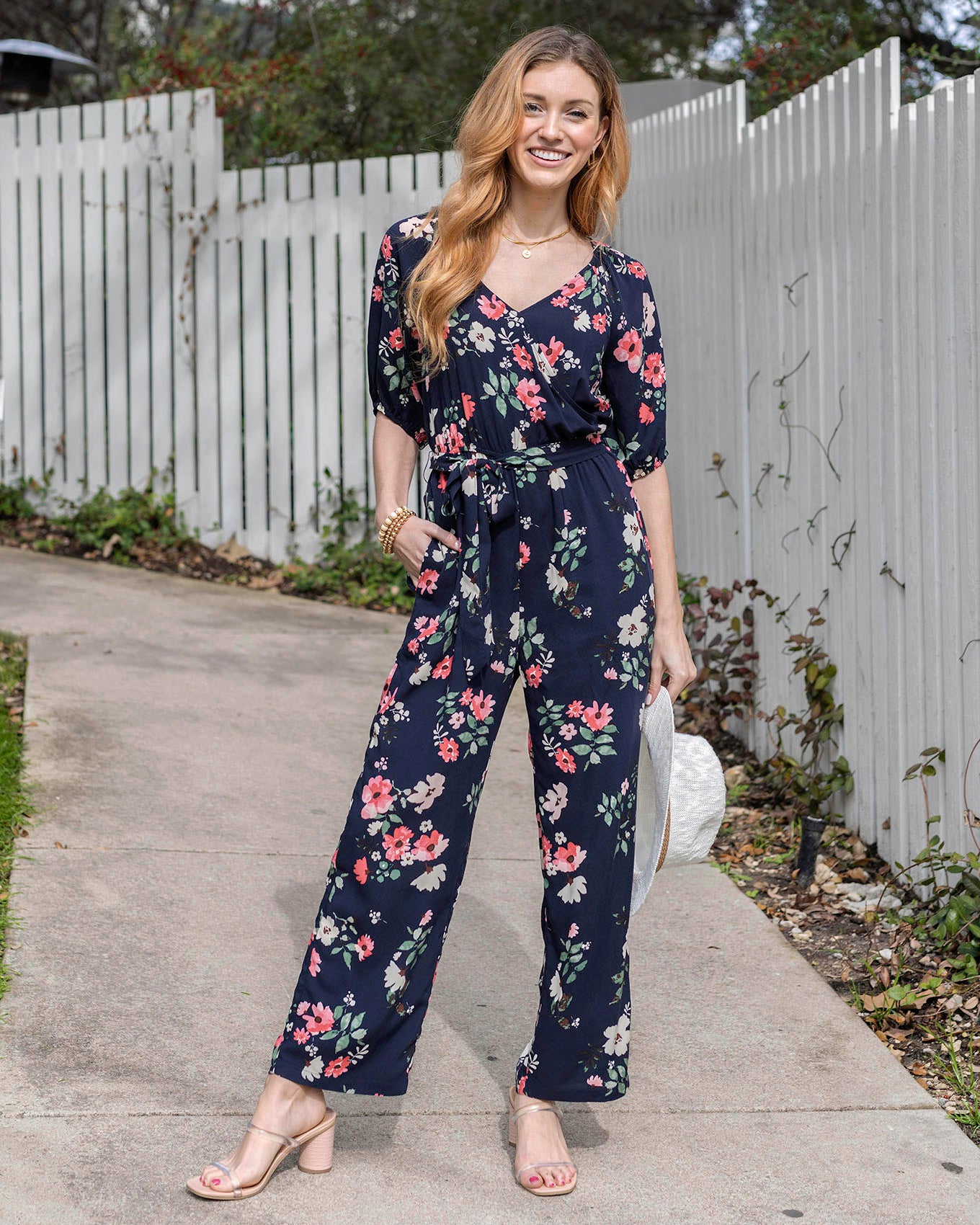 Full body view of Hello Spring Floral Jumpsuit