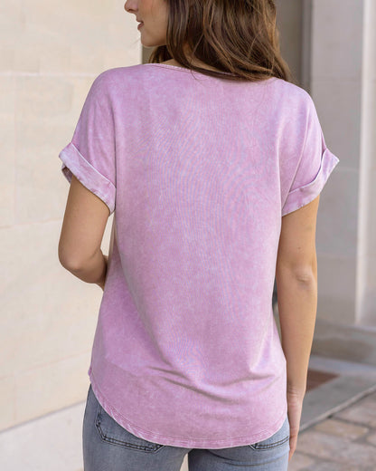 Back view of Washed Violet Henley Mineral Washed Tee