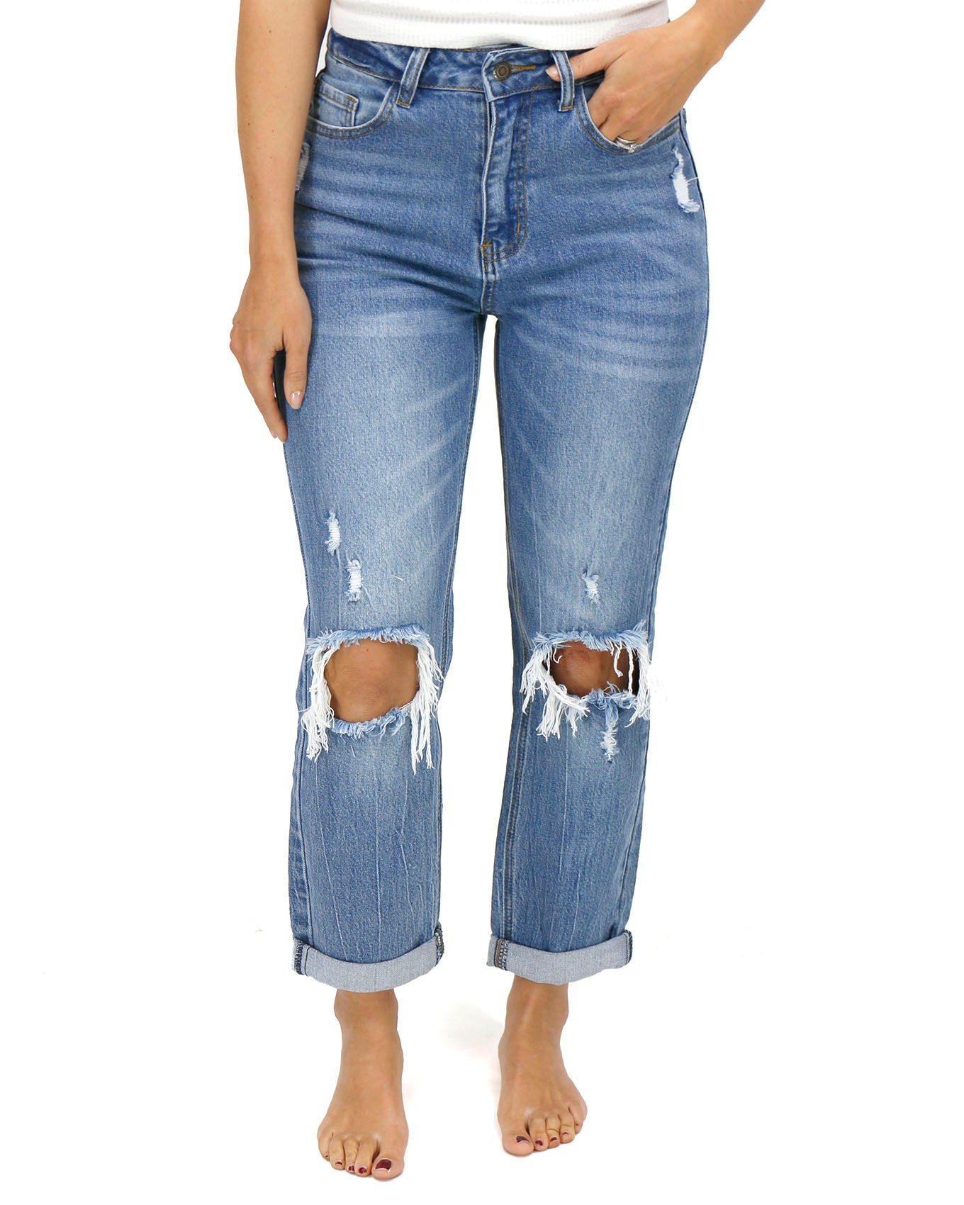 Front Stock Shot of Mid-Wash Distressed High Rise Girlfriend Jeans