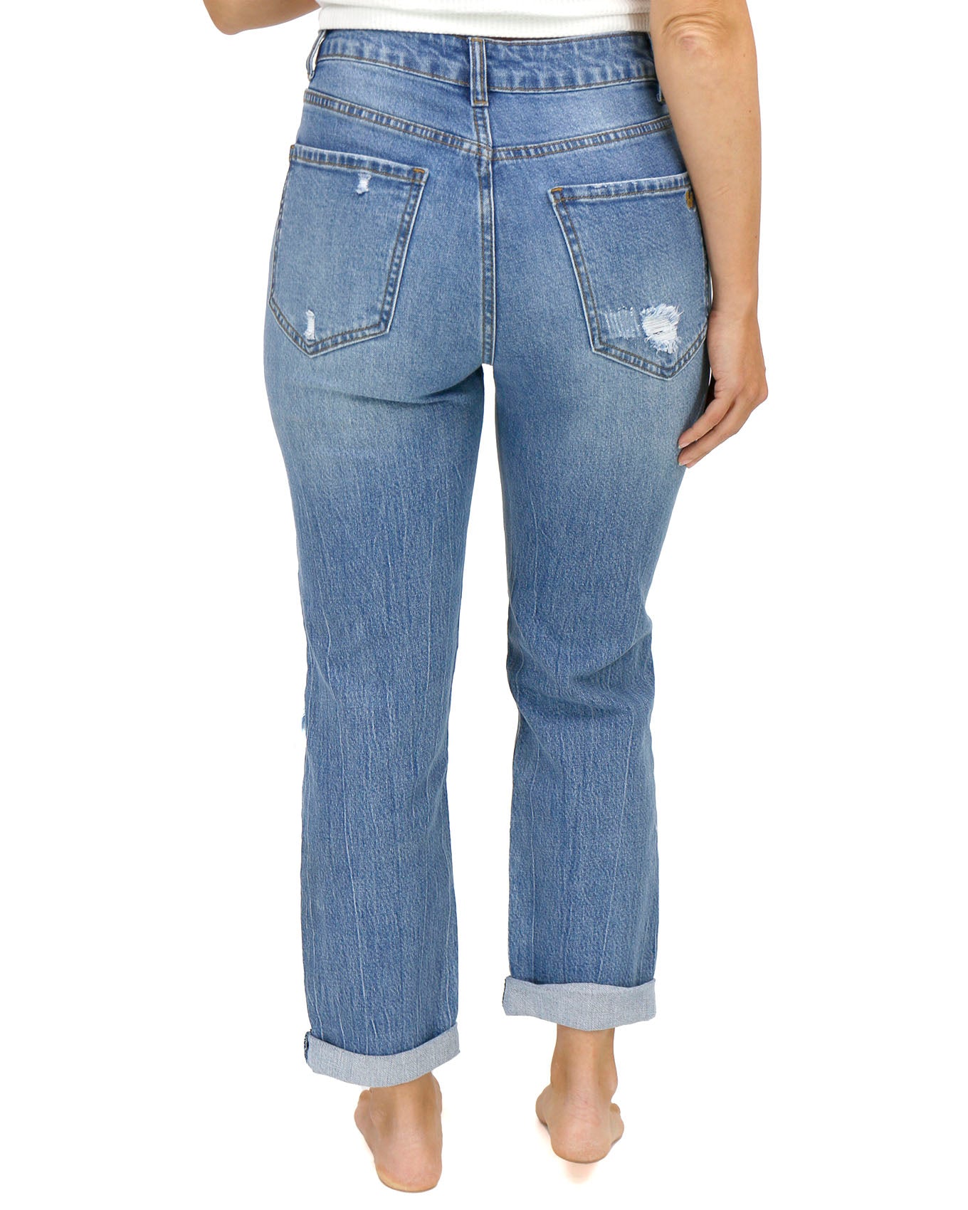 Back stock shot of Mid-Wash Distressed High Rise Girlfriend Jeans