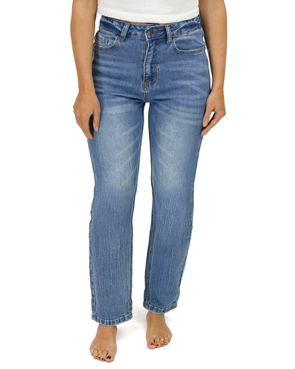 Uncuffed stock shot of Mid-Wash Non Distressed High Rise Girlfriend Jeans
