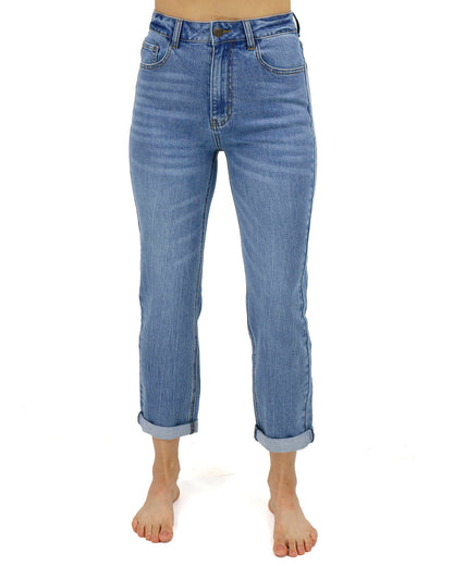 Front stock shot of Mid-Wash Non Distressed High Rise Girlfriend Jeans